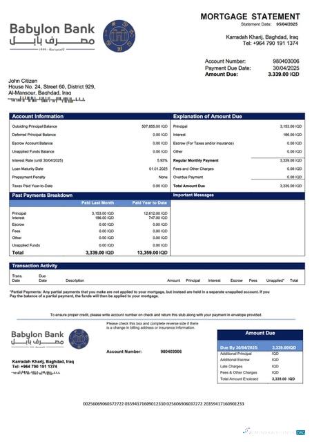 Download Iraq Babylon Bank mortgage statement Word and PDF template Photoshop template